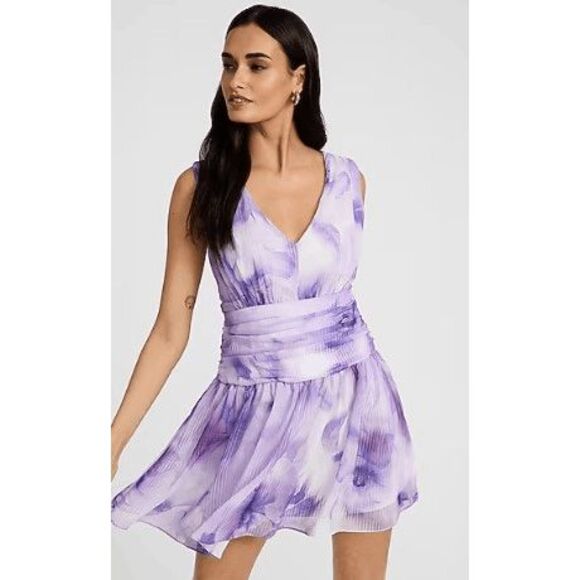 Express Womens Sz M Purple Print V-Neck Sleeveless Bow Back Mini Fit Flare Dress - Picture 2 of 10